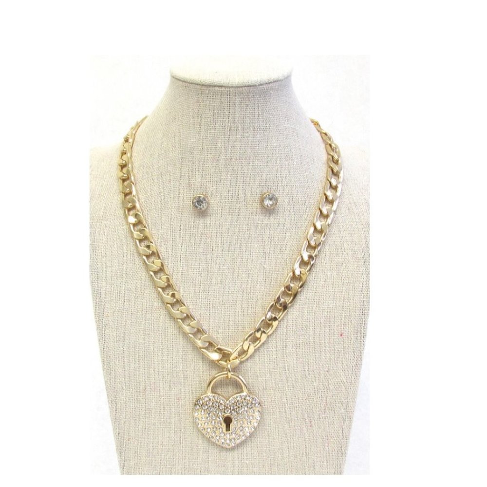 Golden Crystal Heart Necklace and Earring Set